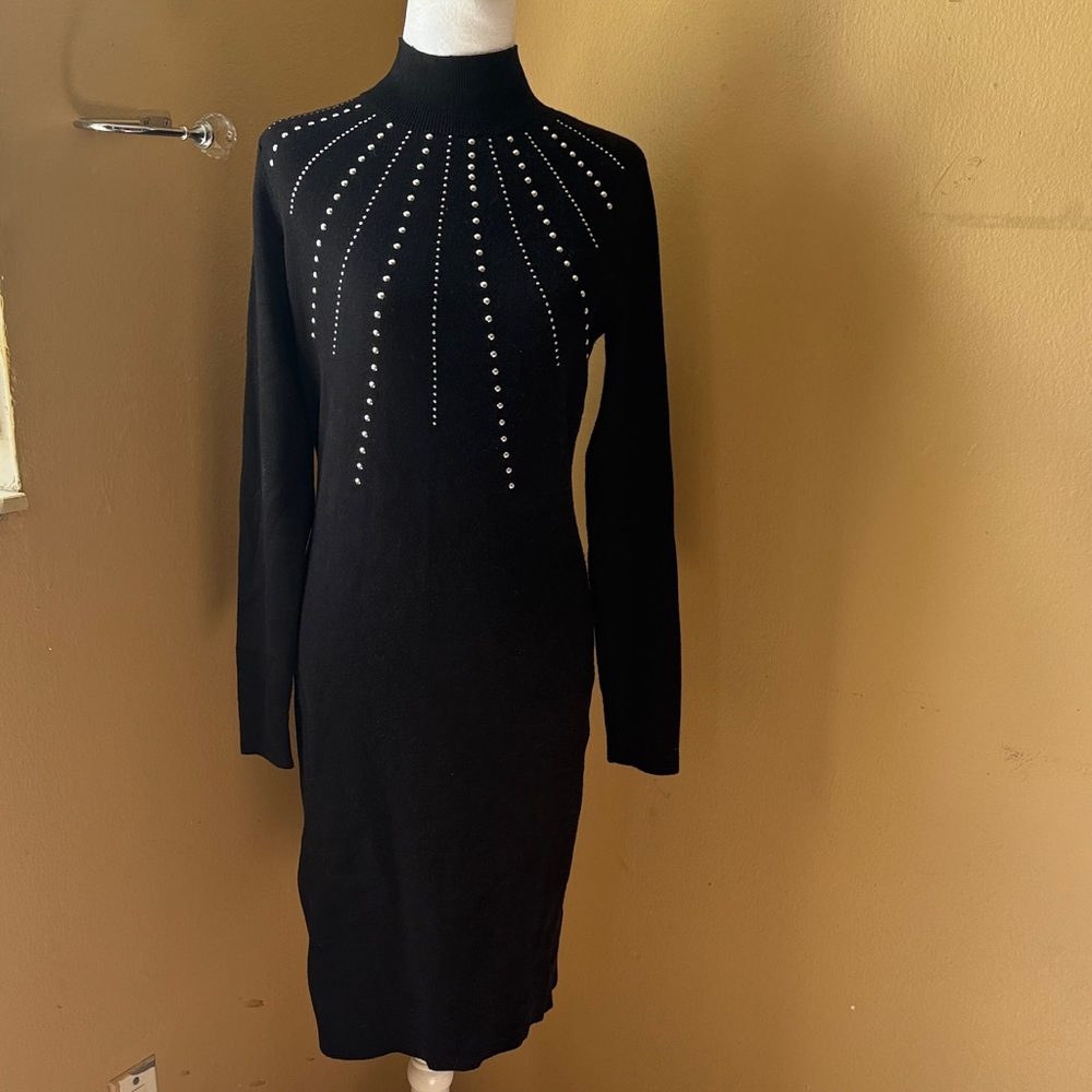 Nina Leonard Black Long Sleeve Dress with Studded Design